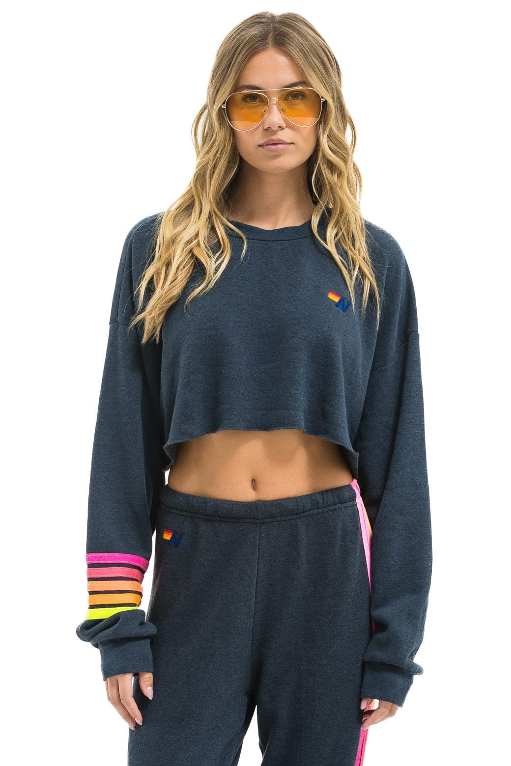 RUGBY STITCH CROPPED CREW SWEATSHIRT RELAXED - CHARCOAL // NEON | Aviator Nation