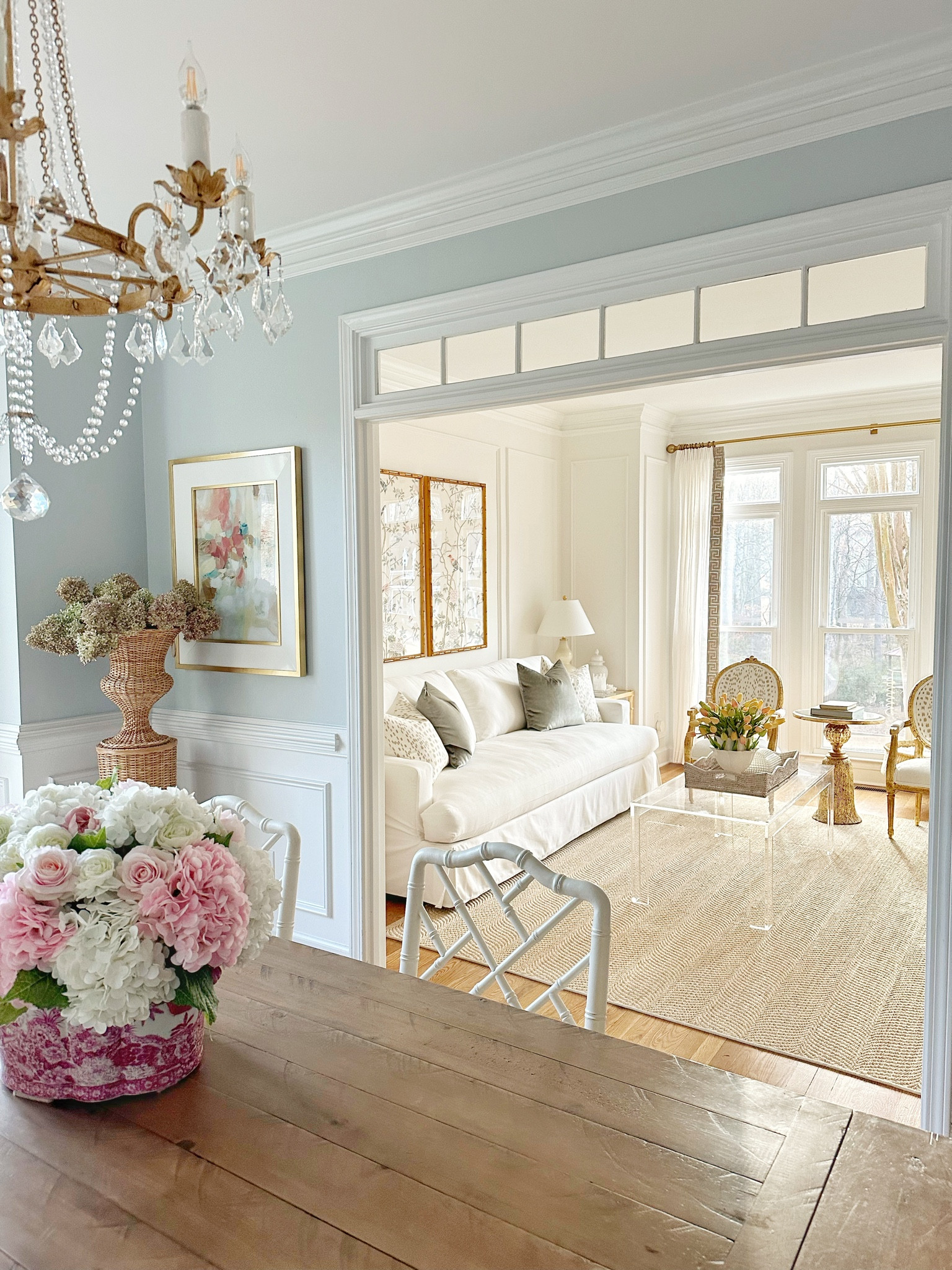 Dining room, chinoiserie wall Pa rod, hand painted, Etsy, Ballard designs, sisal area rug, Crystal chandelier, lighting, acrylic coffee table, Greek key curtains, urn, dining room table, dining chairs 

#LTKFind #LTKhome