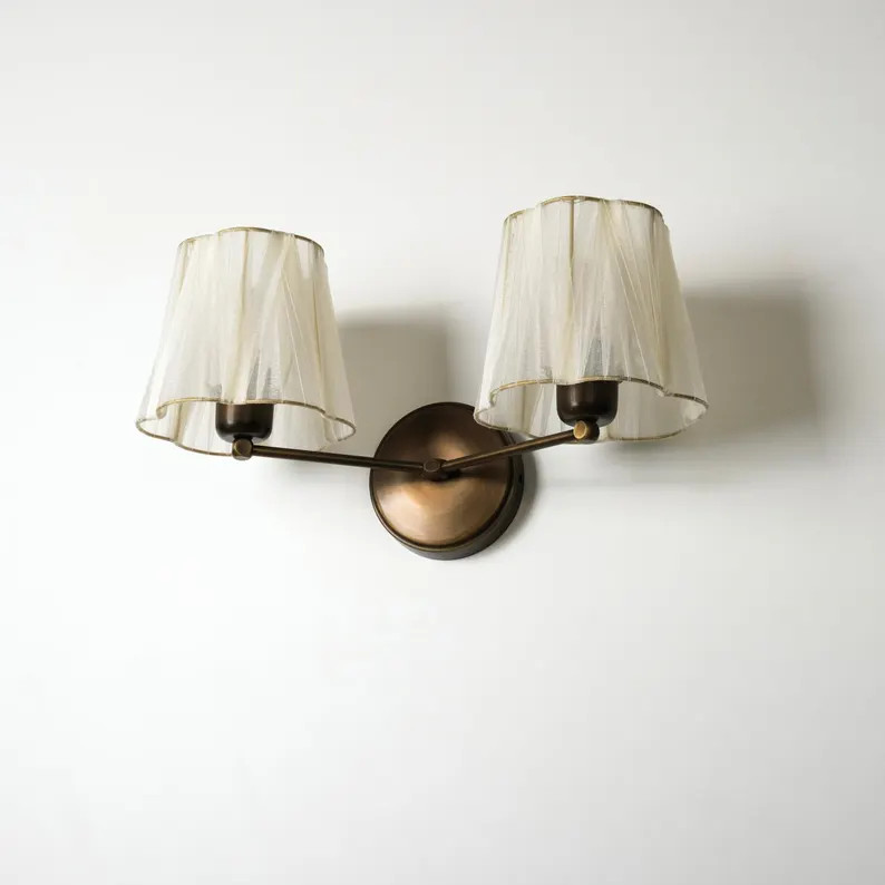 Handcrafted Aged Brass Double Sconce, Ribbon Fabric Lampshade Wall Light | Etsy (Global)