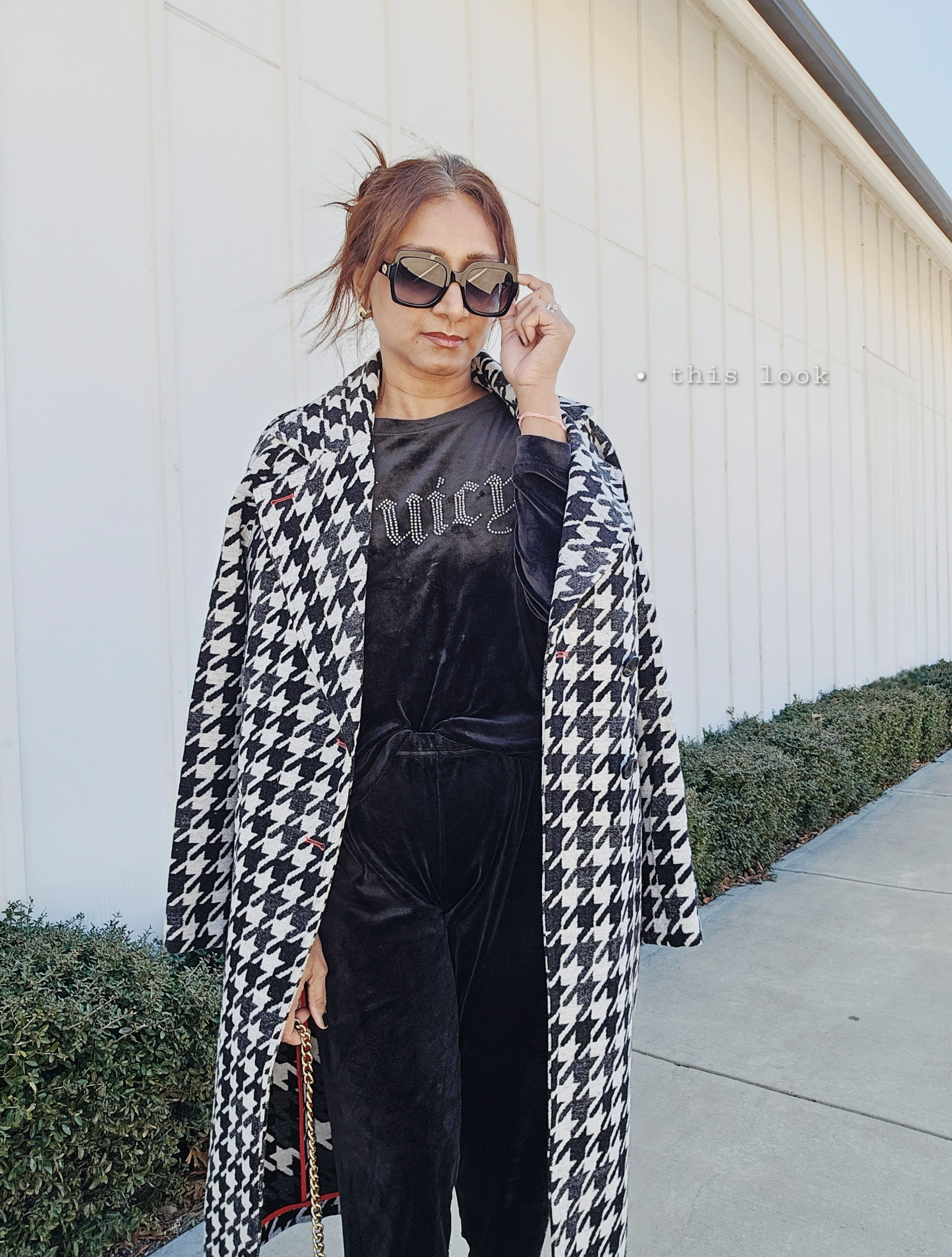 Black & white outfit details 🖤Sharing my black and white houndstooth coat, Juicy Couture velvet lounge set, black suede ankle boots, and oversized black sunglasses.This is my go-to elevated casual outfit — perfect for errands, coffee runs, and chic everyday wear.Houndstooth coat women | black lounge set | velvet tracksuit | black ankle boots | oversized sunglasses | neutral winter outfit | classic black and white style

#LTKSpringSale #LTKootd #LTKTravel