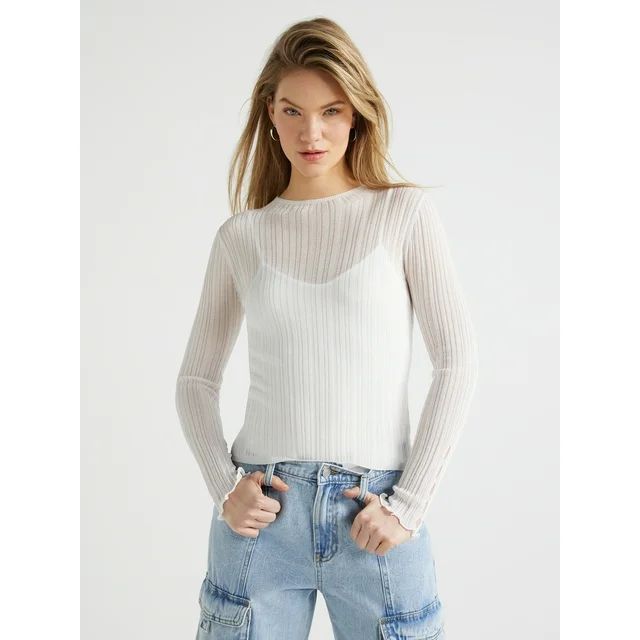 Scoop Women's Sheer Long Sleeve Sweater with Lining, Sizes XS to XXL - Walmart.com | Walmart (US)