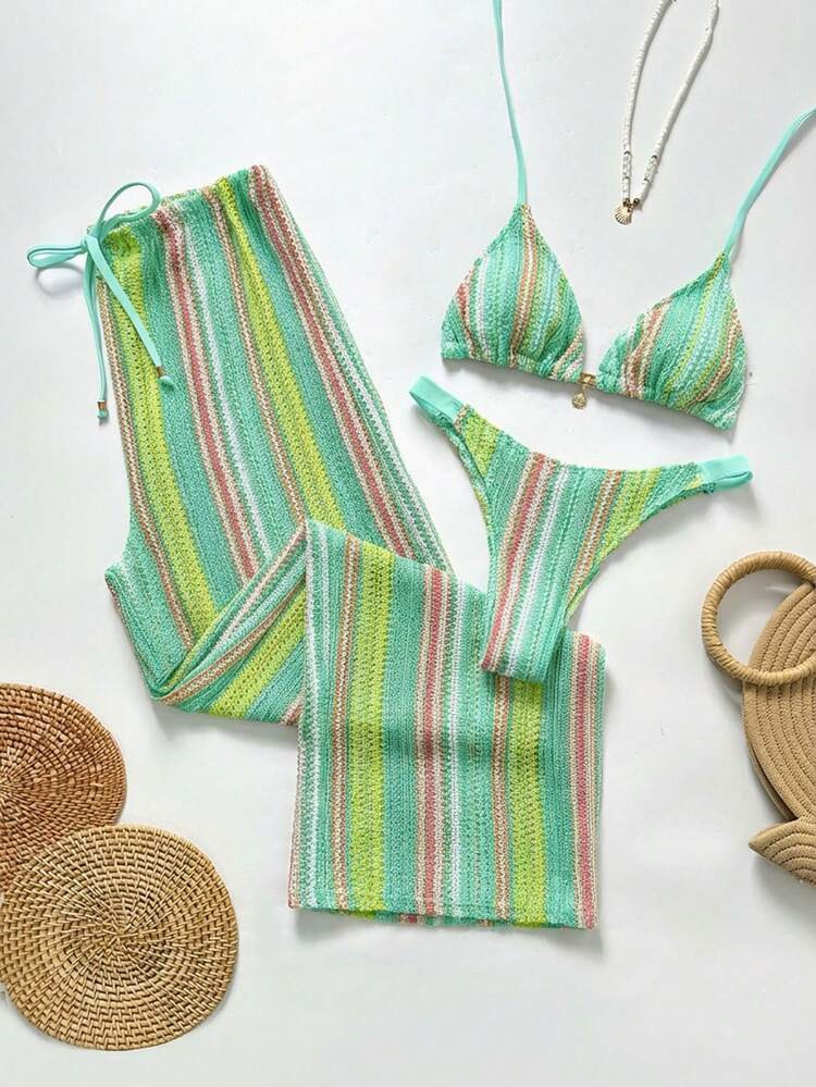 Swim Vcay Women's Summer Vacation Beach Striped Halter Bikini Set With Bottoms | SHEIN
