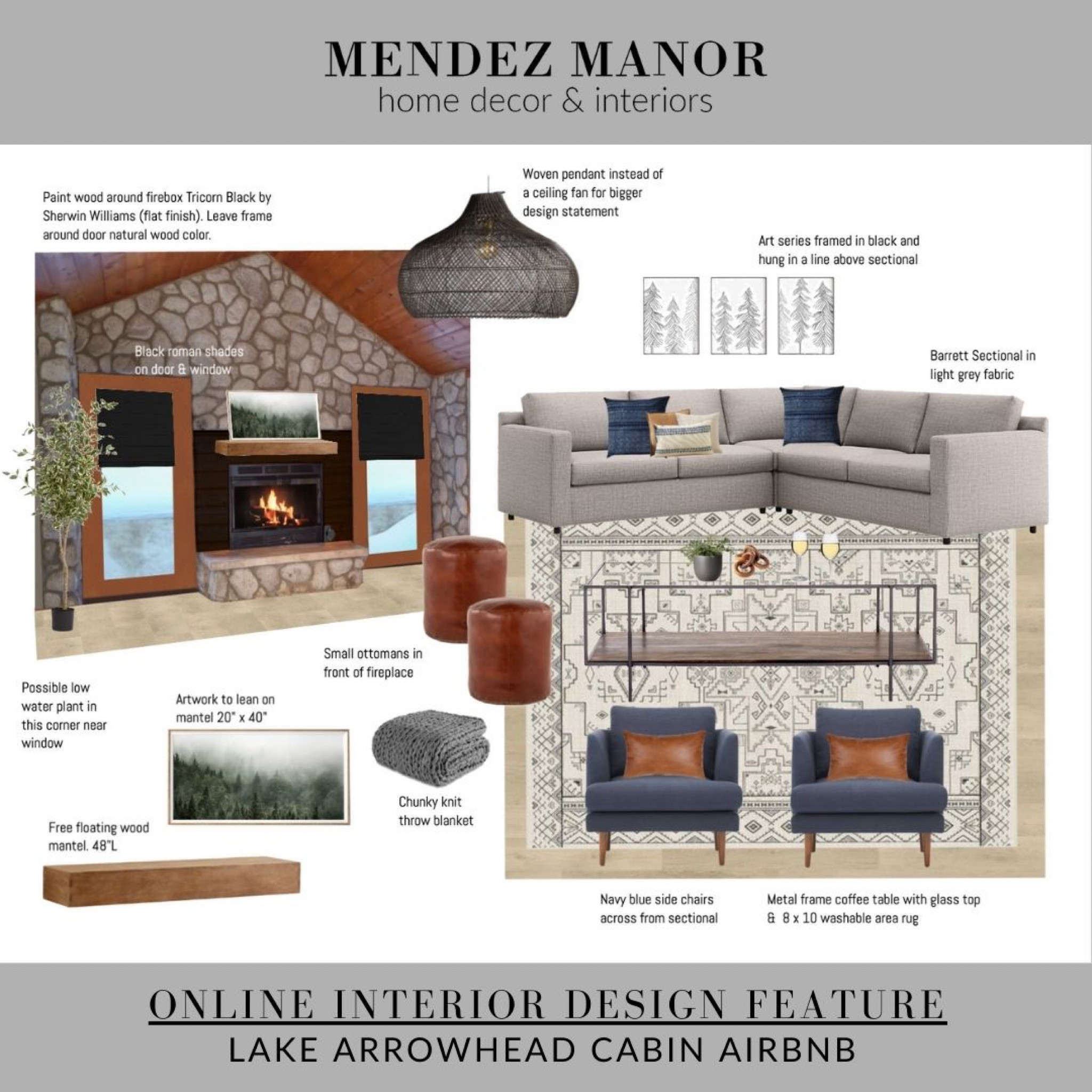 Living room design for Lake Arrowhead cabin Airbnb

#ltkhome #moderncabin #cabindecor #wasablerug #sectional #wovenlightfixture #rusticmodern
