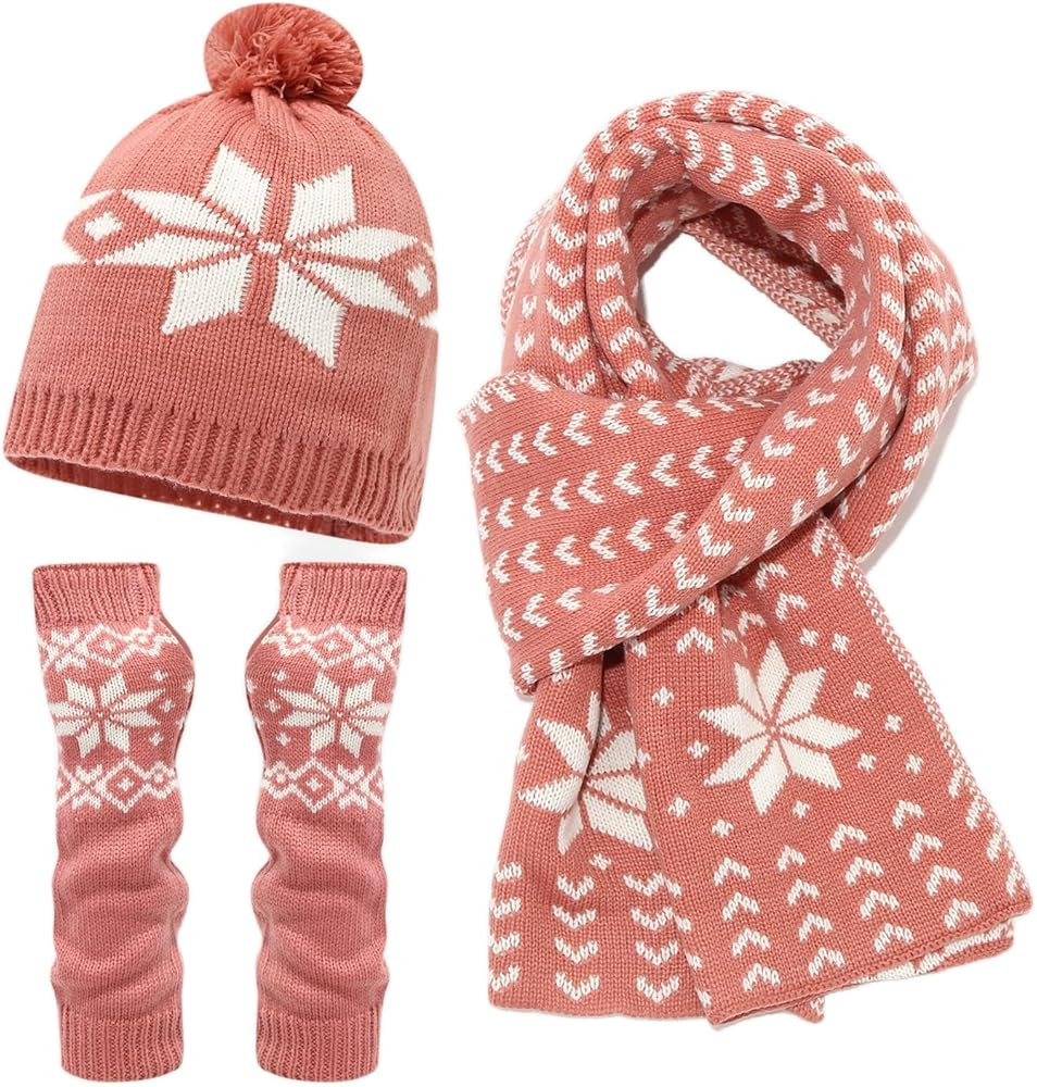 Snowflake Knit Set - Winter Hat Scarf Gloves Cold Protection Trio Unisex | Amazon (US)
