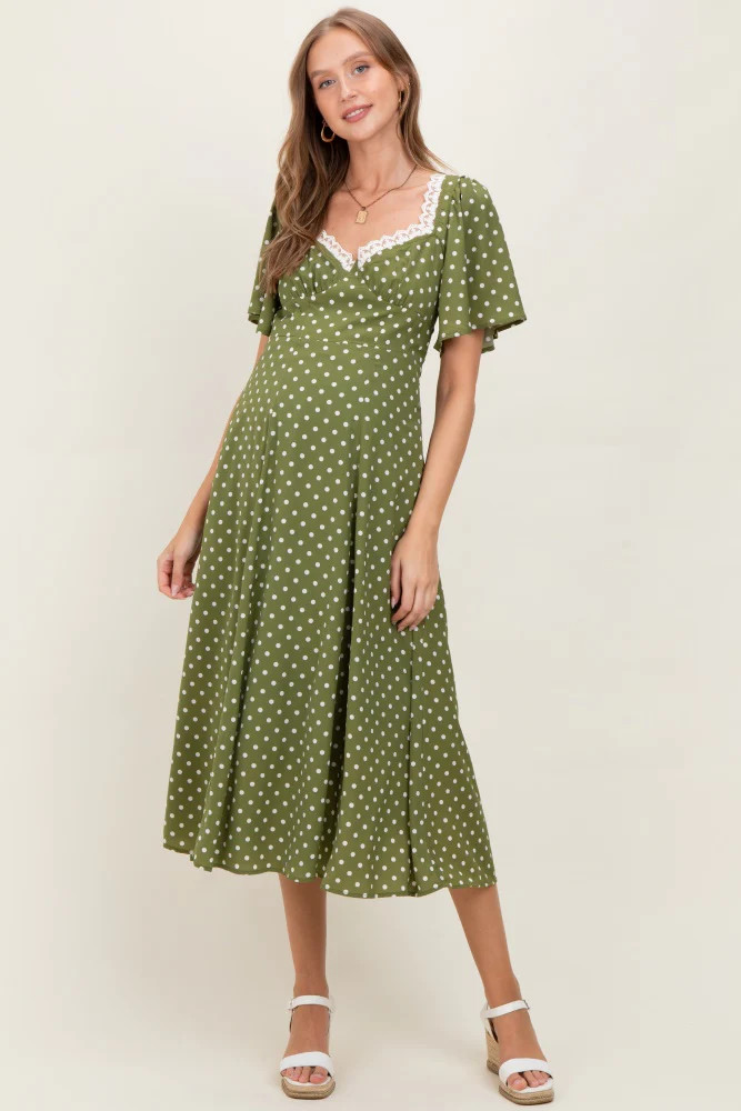 Olive Polka Dot Lace Trim Maternity Maxi Dress | PinkBlush Maternity