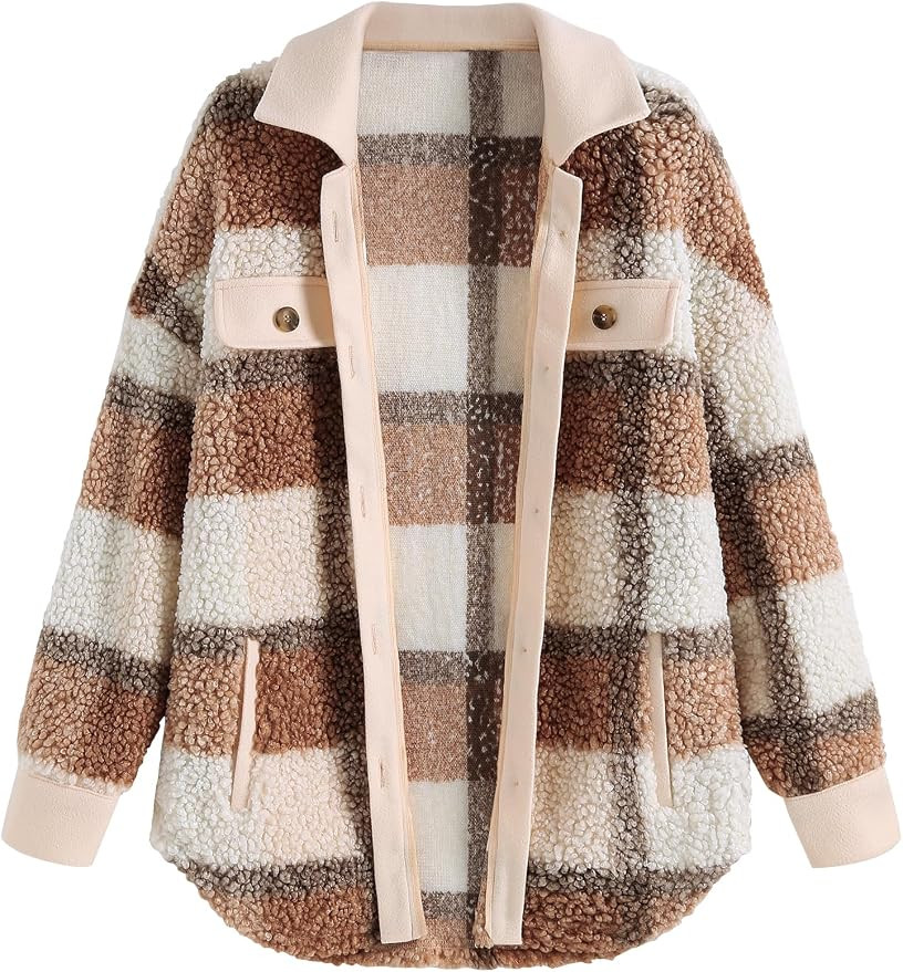 ZAFUL Women's Plaid Fleece Lined Hooded Jacket Button Up Oversized Fuzzy Coat Checkered Flannel H... | Amazon (US)
