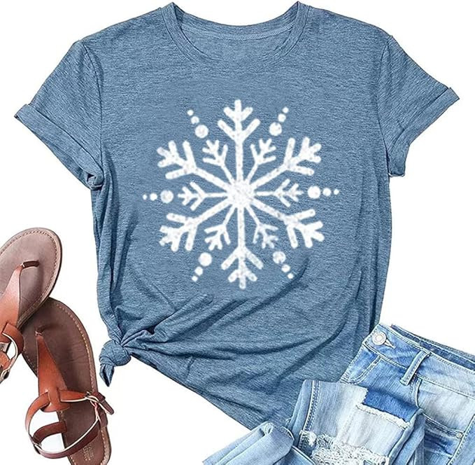 Christmas Shirts for Women Cute Snowflake Graphic Shirts Short Sleeve Funny Print Tee | Amazon (US)