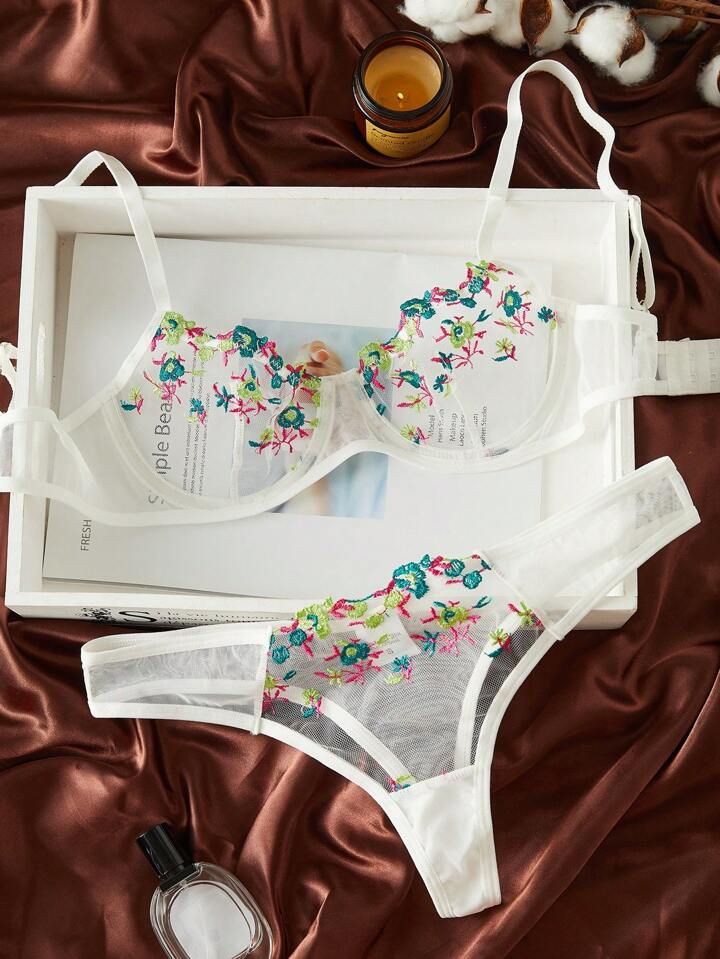 Embroidery Mesh Bra & Panty Set Lingerie Set | SHEIN