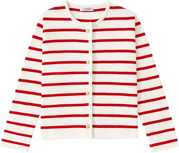 Women's Striped Cardigan Sweater Trendy Long Sleeve Button Down Crewneck Knit Cardigans | Amazon (US)