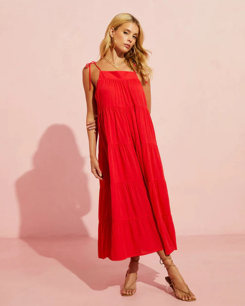 Aberdeen Shoulder Tie Tiered Maxi Dress - Red | VICI