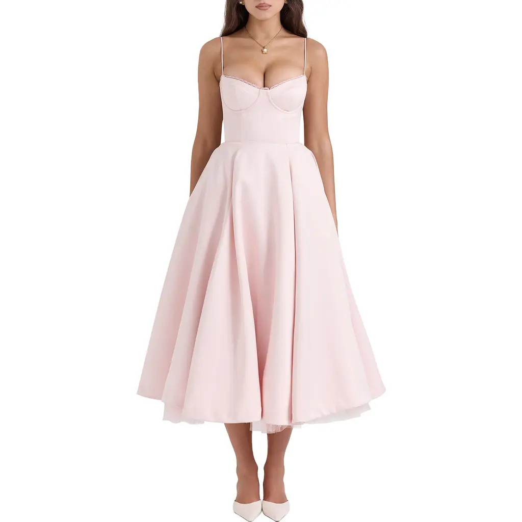 HOUSE OF CB Mademoiselle Bustier Stretch Satin Midi Dress in Pink Salt at Nordstrom, Size Medium D | Nordstrom