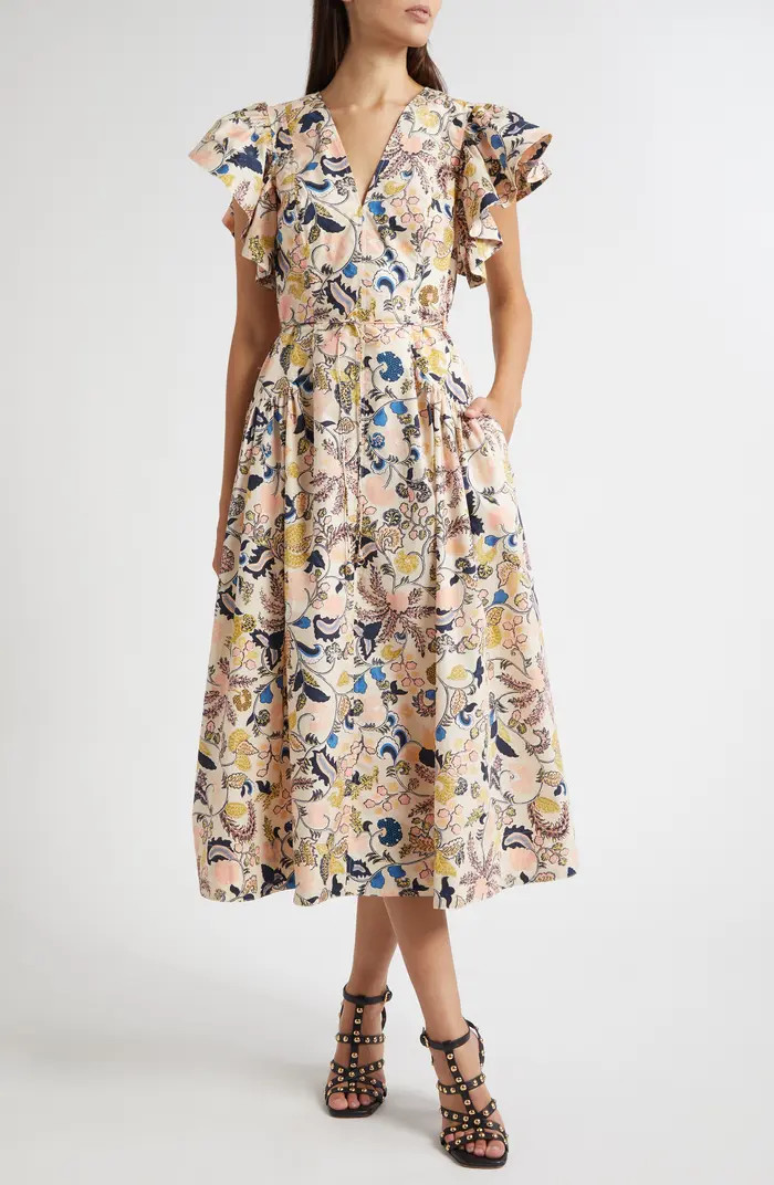 Darya Paisley Floral Flutter Sleeve Cotton Dress | Nordstrom