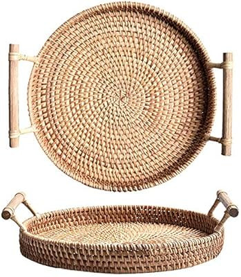 Rattan Round Bread Serving Basket Handcrafted Bread Serving Tray Platter with Wooden Handle (12.6... | Amazon (US)