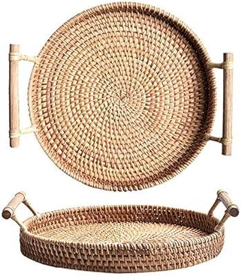 YANGQIHOME Rattan Round Bread Serving Basket Handcrafted Bread Serving Tray Platter with Wooden H... | Amazon (US)