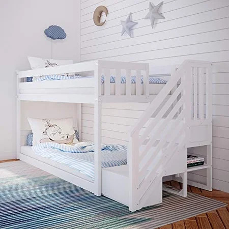 Max & Lily Twin Low Bunk Bed with Staircase Twin/Twin White | Walmart (US)