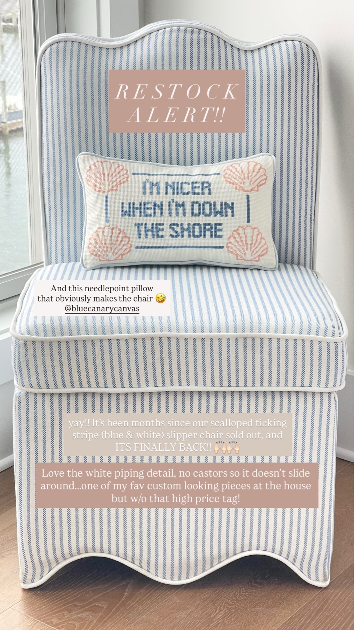 High sellout risk!! Blue & white ticking striped scalloped slipper chair FINALLY restocked online!! It’s stunning in person, perfect for a coastal bedroom, living room or game room (around a mahjong table👌🏻) use code: SHIP89 for free shipping too!!

#LTKHome #LTKSaleAlert