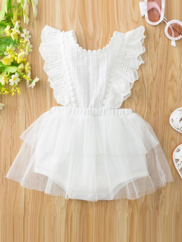 Baby Girl Contrast Mesh Eyelet Embroidery Ruffle Trim Bodysuit | SHEIN