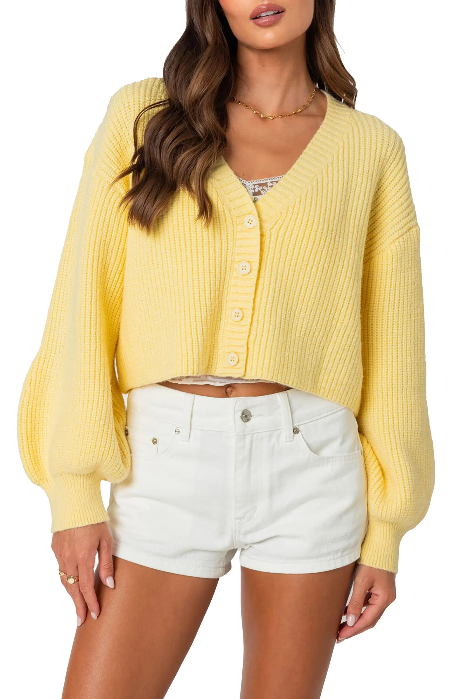 EDIKTED Sabrina Bishop Sleeve Crop Cardigan | Nordstrom | Nordstrom