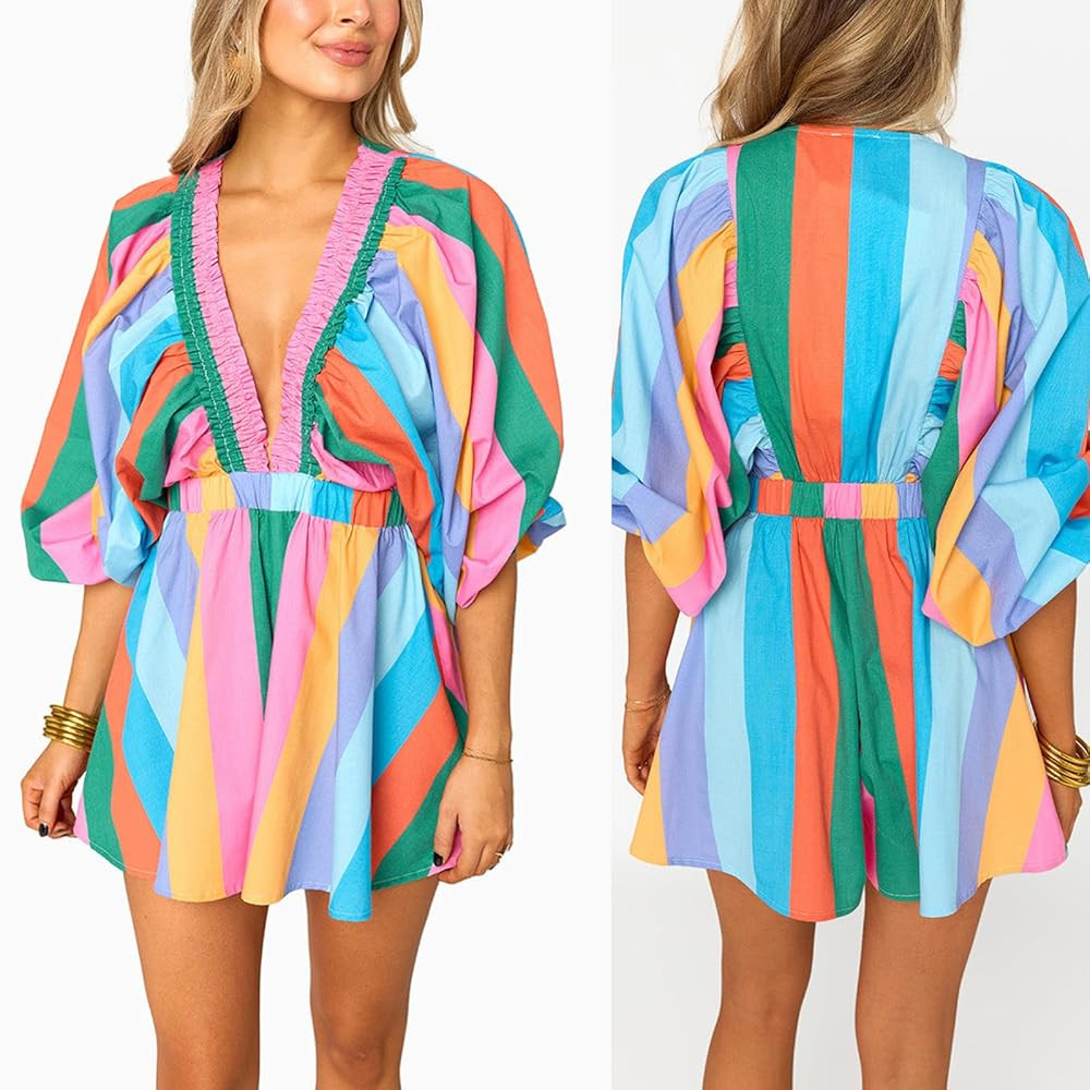 Women Summer Casual Short Tee Romper Deep v Neck Long Puff Sleeve Plaid Playsuit Oversized Jumpsu... | Amazon (US)