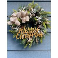 Merry Christmas Gold Wreath, Frosted Winter White Berry Cedar Pine Cypress Wreath | Etsy (US)