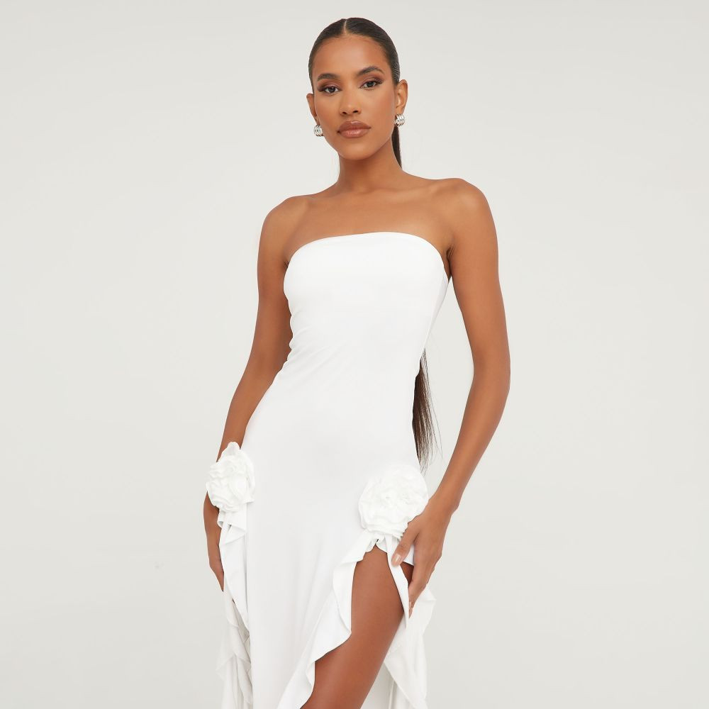Bandeau Frill Rose Maxi Mesh Dress In White | EGO (UK)