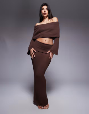 Wanderdoll Yasmin boucle knit dramatic foldover maxi skirt co-ord in dark chocolate | ASOS (Global)