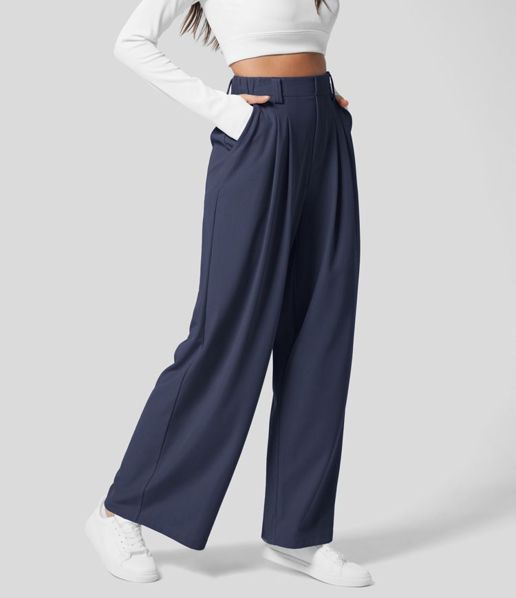 Women’s High Waisted Plicated Side Pocket Wide Leg Waffle Work Pants - Halara | HALARA