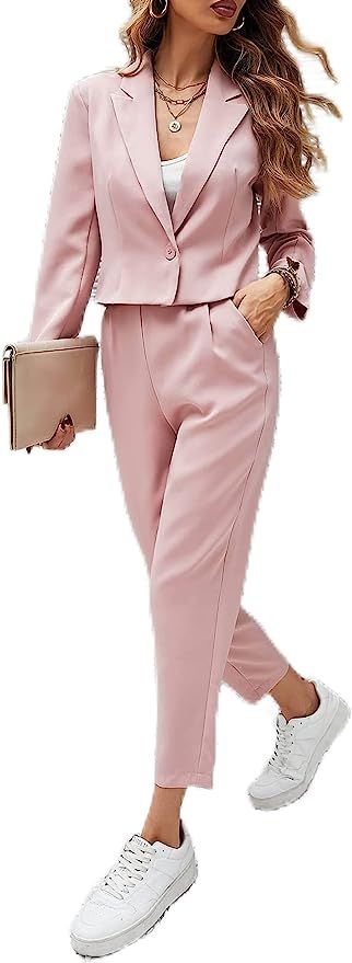 MakeMeChic Women's 2 Piece Outfits Single Button Long Sleeve Crop Blazer and Pants Set | Amazon (US)