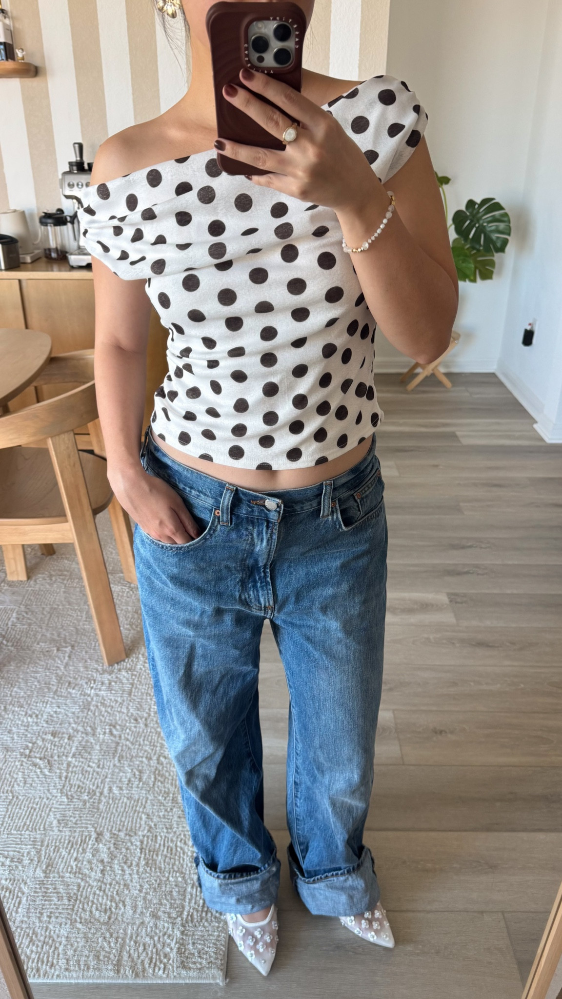 dinner fit 🍝🤍

wearing top in size S, bottom size 28, shoes size 6 (true to size)

🏷️ polka dot top, polka dot outfit, chic casual outfit, off should der polka dot top, polka dot trend, low rise wide leg jeans

#LTKStyleTip #LTKSeasonal #LTKPetite