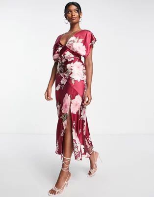 ASOS DESIGN satin batwing midi dress with slit in pink vintage floral | ASOS (Global)