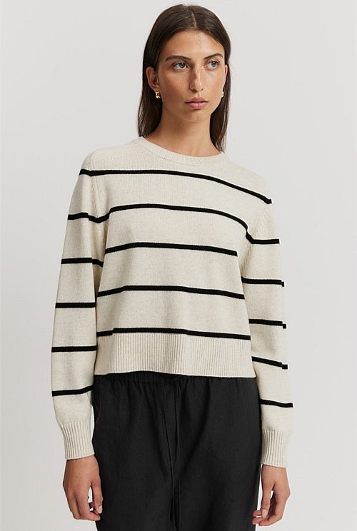 Organically Grown Cotton Blend Stripe Crop Crew Neck Knit | Country Road