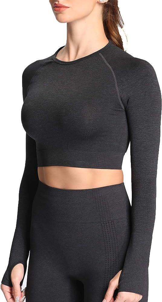 Aoxjox Women's Crop Tops Seamless Workout Tops Vital Long Sleeve Shirts (Vital Charcoal Grey Marl... | Amazon (US)