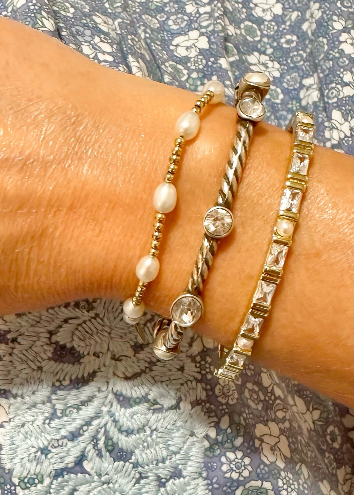 Mixed Metal Arm Candy that’s been on repeat - timeless & chic! 

🤍Silver Rope Bangle with Crystals & Glass Pearls - I had given my Grammie almost 15 years ago & she wore it daily till she passed. I had/have a matching one 👯 
🤍Gold Bangle with Baguette Crystals & Freshwater Cultured Pearls (also comes in silver) 
🤍Little pearl bracelet is from a local small business. 

Jewelry. Bracelet. Bracelets. Accessories

#LTKgrwm #LTKdayinmylife #LTKSeasonal
