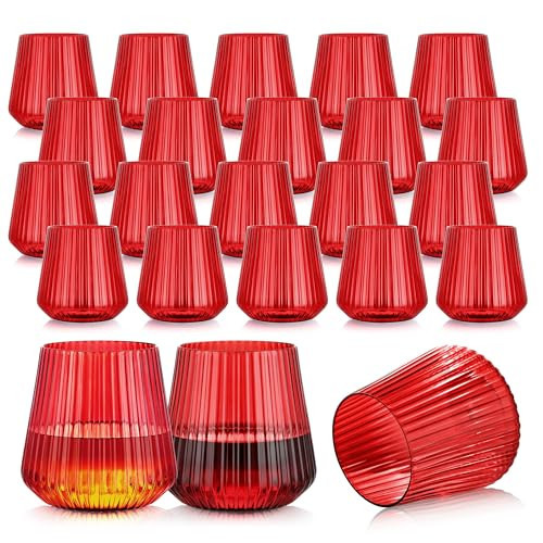 24 Pack Red Plastic Wine Cups for Party, 14oz Disposable Stemless Ribbed Wine Glasses for Christmas, Unbreakable Outdoor Cocktail Glasses, Heavy Duty Reusable Plastic Drinking Cup for Mimosa Bar | Amazon (US)