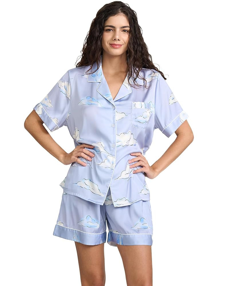 Womens Silk Satin Shorts Pajamas Set Button Down 2 Piece Pjs Short Sleeve Oversized Sleepwear wit... | Amazon (US)