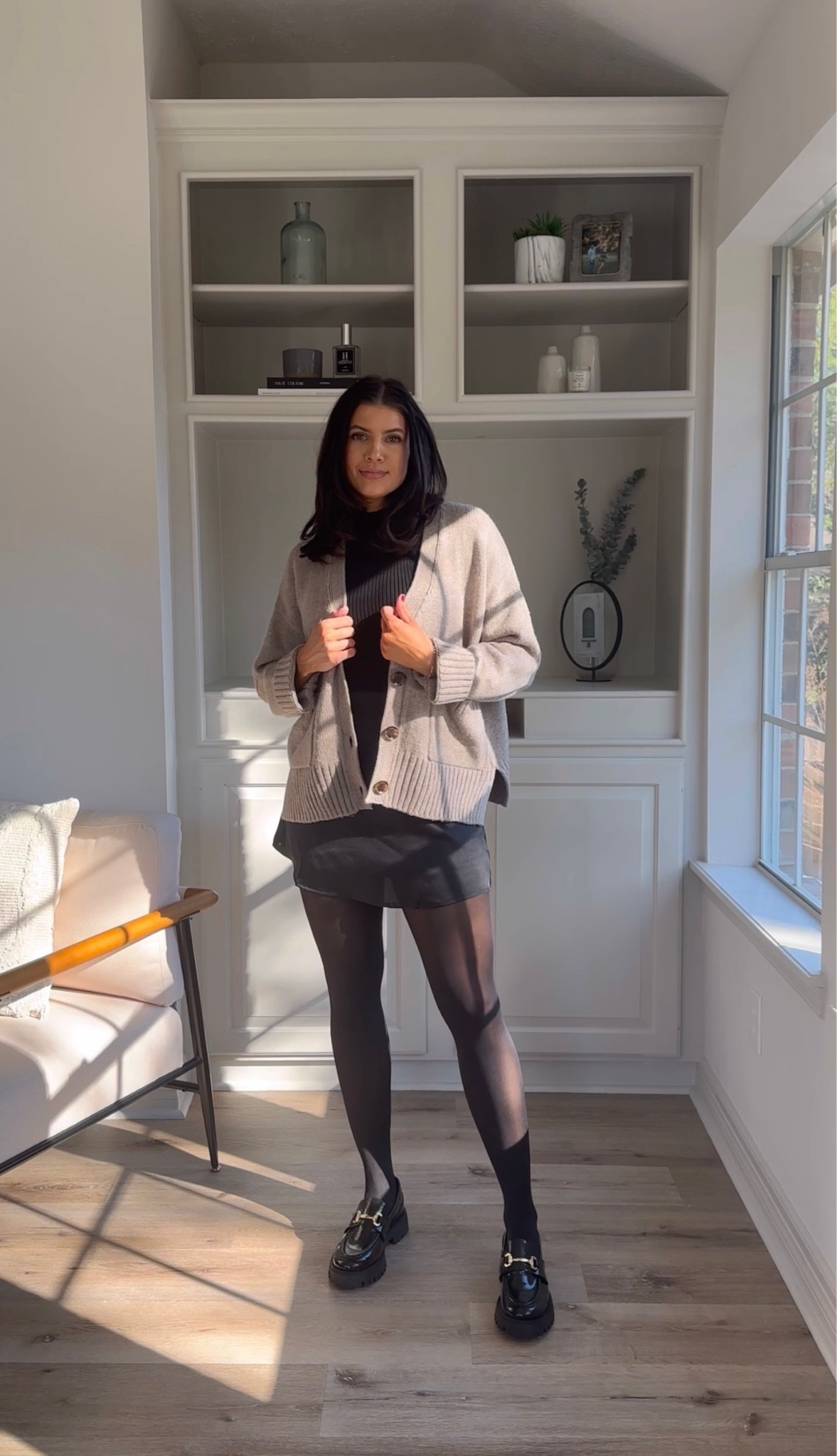 Capsule wardrobe outfit from amazon
Black sleeveless tank size medium
Satin mini skirt size medium 
Loafers are TTS. Wearing an 8
Cardigan is a size medium 

#LTKworkwear #LTKstyletip #LTKsalealert