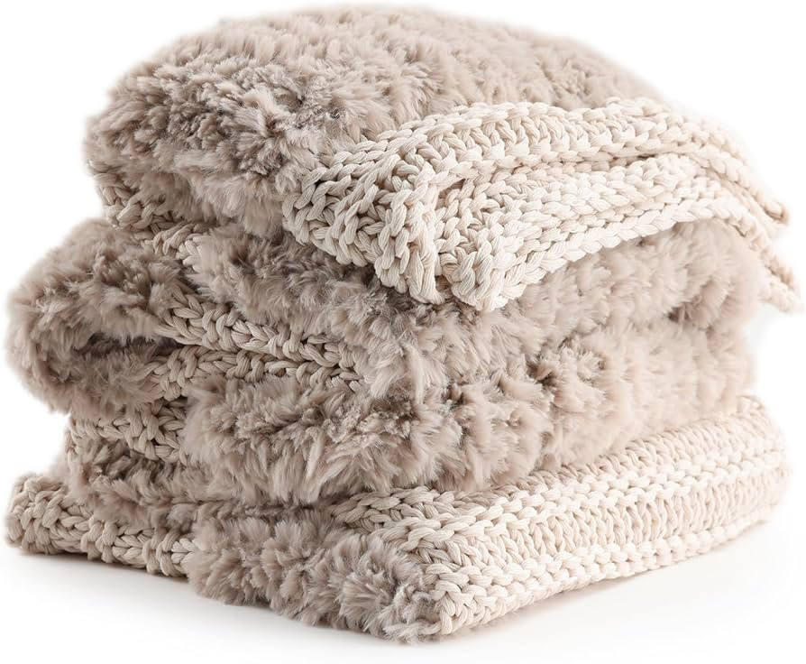 YnM Ultra Soft Fuzzy Throw Blanket, Hand Knit with Faux Rabbit Fur and Cotton Chunky Yarn, Revers... | Amazon (US)