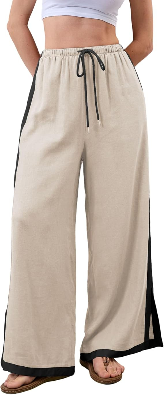 Xiaoxuemeng Linen Pnats Women Wide Leg Striped Capri Pants Casual Baggy Linen Trousers with Pocke... | Amazon (US)