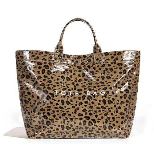 BBIQI Leopard Print PVC Tote Bag for Women Plastic Tote Bag Letters Print Handbag Hobo Bags for Work Shopping Gift | Amazon (US)