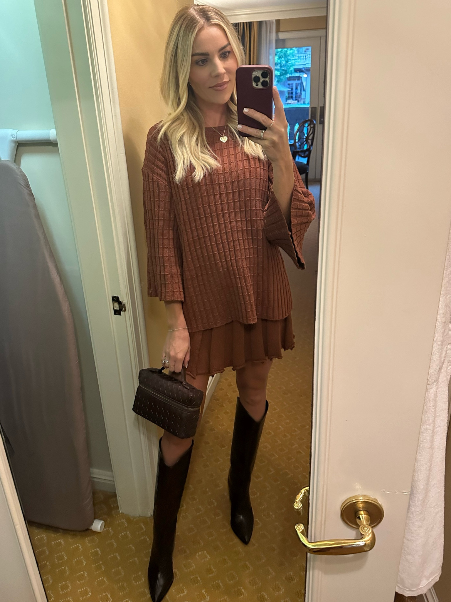 Free People skirt set- small
Schutz boots- true to size 
Amazon bag