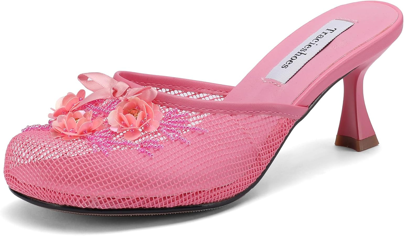 Women's Mesh Mule Slip On Sandals With Floral Sequin Embellishments Round Toe Middle Heel Slides ... | Amazon (US)