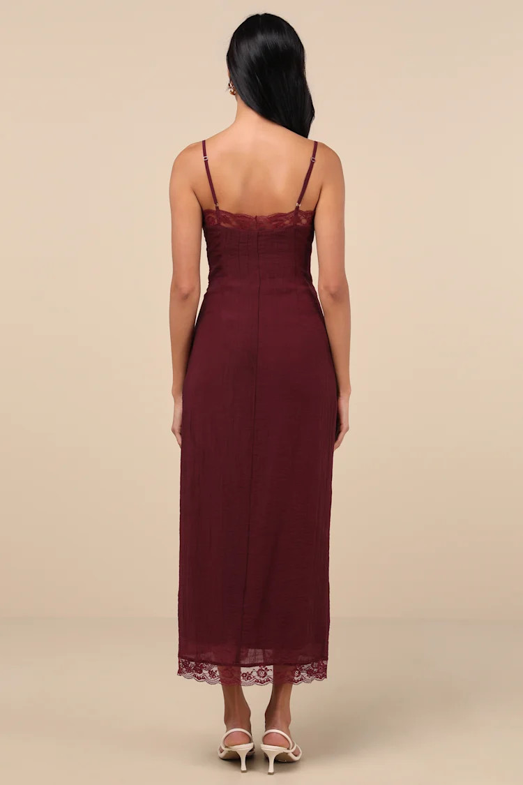 Veanna Burgundy Textured Lace Button-Front Midi Dress | Lulus