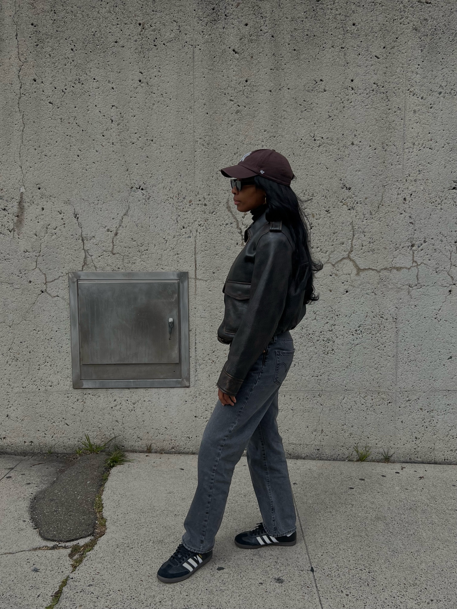 leather jacket, jeans, sambas, brown hat.

#LTKstyletip #LTKshoecrush