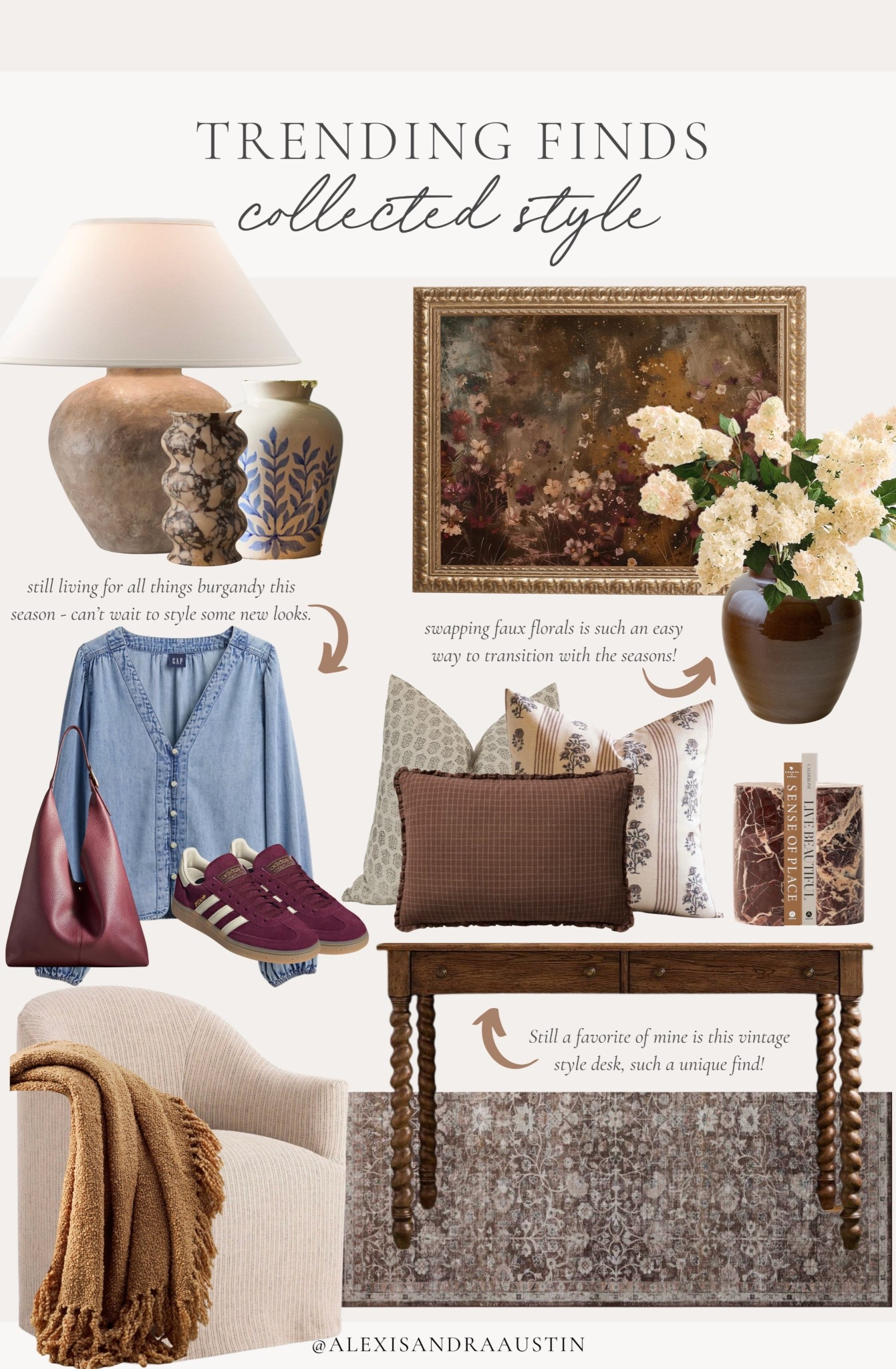 Trending finds featuring a collected style. Loving these fashion finds for an early style, a pop of color, and all the moody vibes for all of the home and lifestyle details.

Home finds, neutral home inspo, collected style, furniture favorites, spring refresh, rich wood tones, cozy throw pillow, table lamp, vase favorites, faux florals, vintage style frame, bookend, vintage style rug, accent chair, throw pillow, Wayfair, Etsy, Lumens, Pottery Barn style, Gap, Greenrow, Magnolia, Adidas, shop the look!

#LTKHome #LTKSeasonal