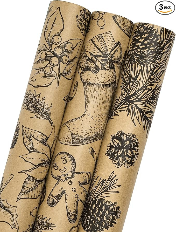 MAYPLUSS Kraft Christmas Wrapping Paper Roll - 3 Mini Roll -17in x120in Per roll,Kraft Vintage Wr... | Amazon (US)