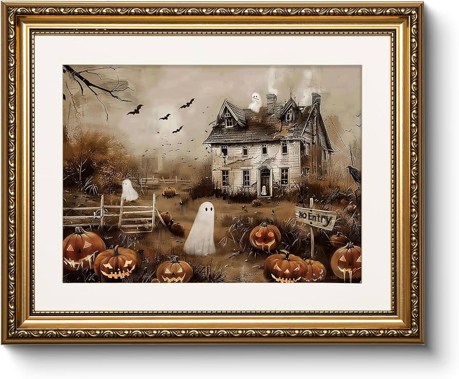 Vintage Gold Framed Spooky Halloween Wall Art, 13x16 Haunted House Jack-o\u2019-Lanterns Bats Can... | Amazon (US)