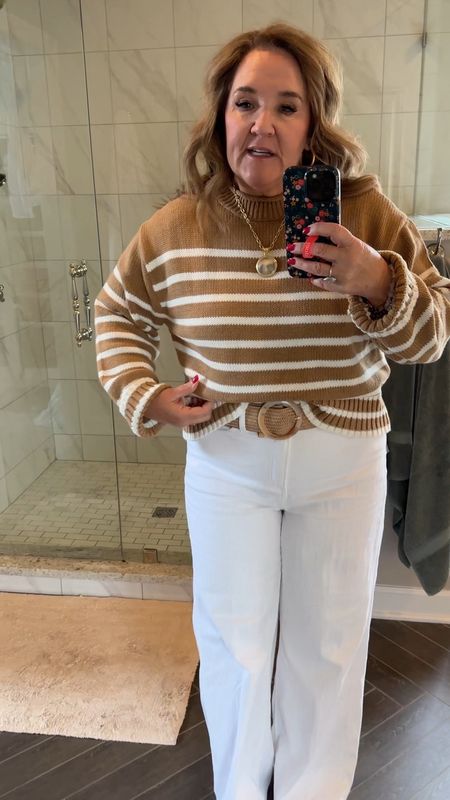 JCREW sale Sweater size large 
White jeans size 2.0
Belt size medium/l
Loafers tts 

Chicos JCREW spring outfit 

#LTKsalealert #LTKmidsize #LTKover40