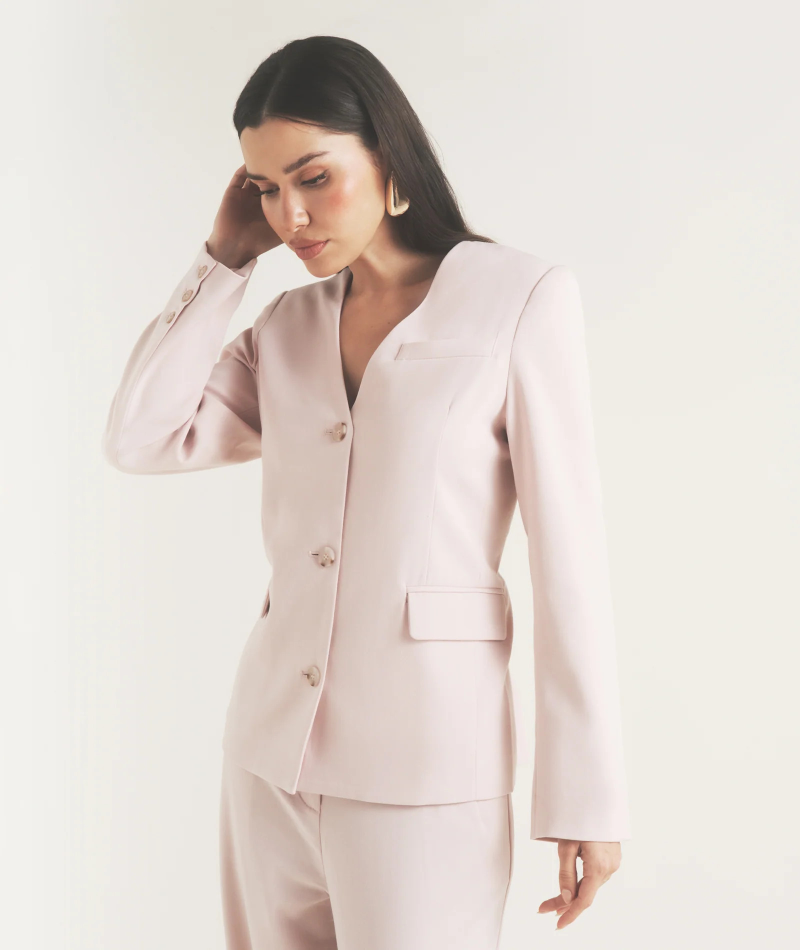 Collarless Tailored Jacket - Pink | Six Stories