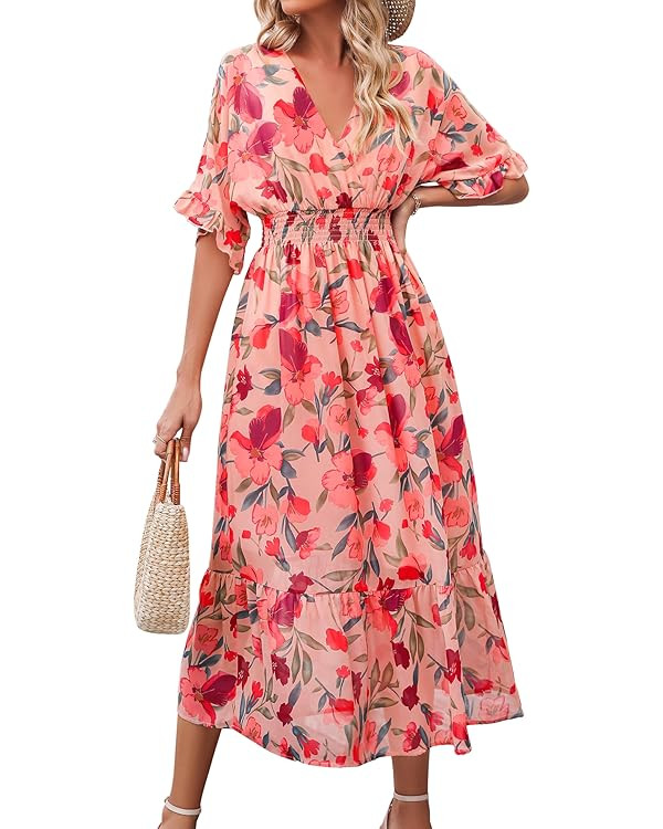 Women's Spring Summer 2024 Floral Midi Dress A Line Chiffon Boho Dress Casual Short Sleeve Long B... | Amazon (US)
