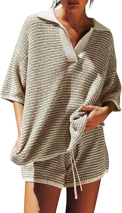Tankaneo Womens Sweater Set 2 Piece Outfits Oversized 3/4 Sleeve V Neck Knit Tops High Waisted Sh... | Amazon (US)